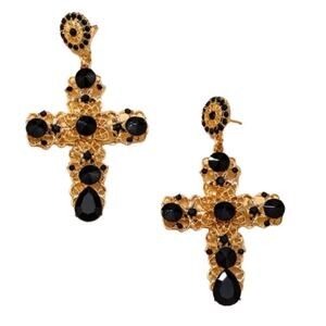 Vintage Victorian Gothic Royal Simulated Onyx Goldtone Cross Filagree Earrings